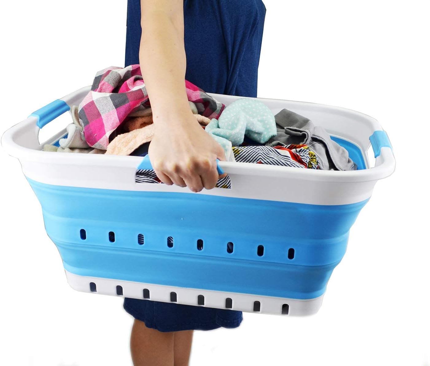 SAMMART 42L (11 gallon) Collapsible Plastic Laundry Basket - Foldable Pop Up Storage Container/Organizer - Space Saving Hamper/Basket (1, White/Marine Blue)