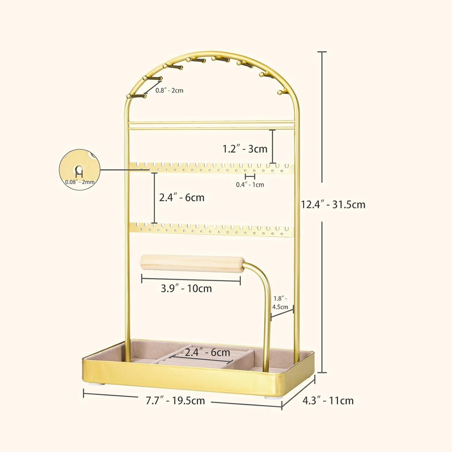 Multi-Functional Jewelry Holder Organizer Necklace Display Stand Velvet Lined Bar for Rings 2 Tier with 18 Hooks, 32 Earring Holes - Sturdy and Durable, Easy Organization Gold