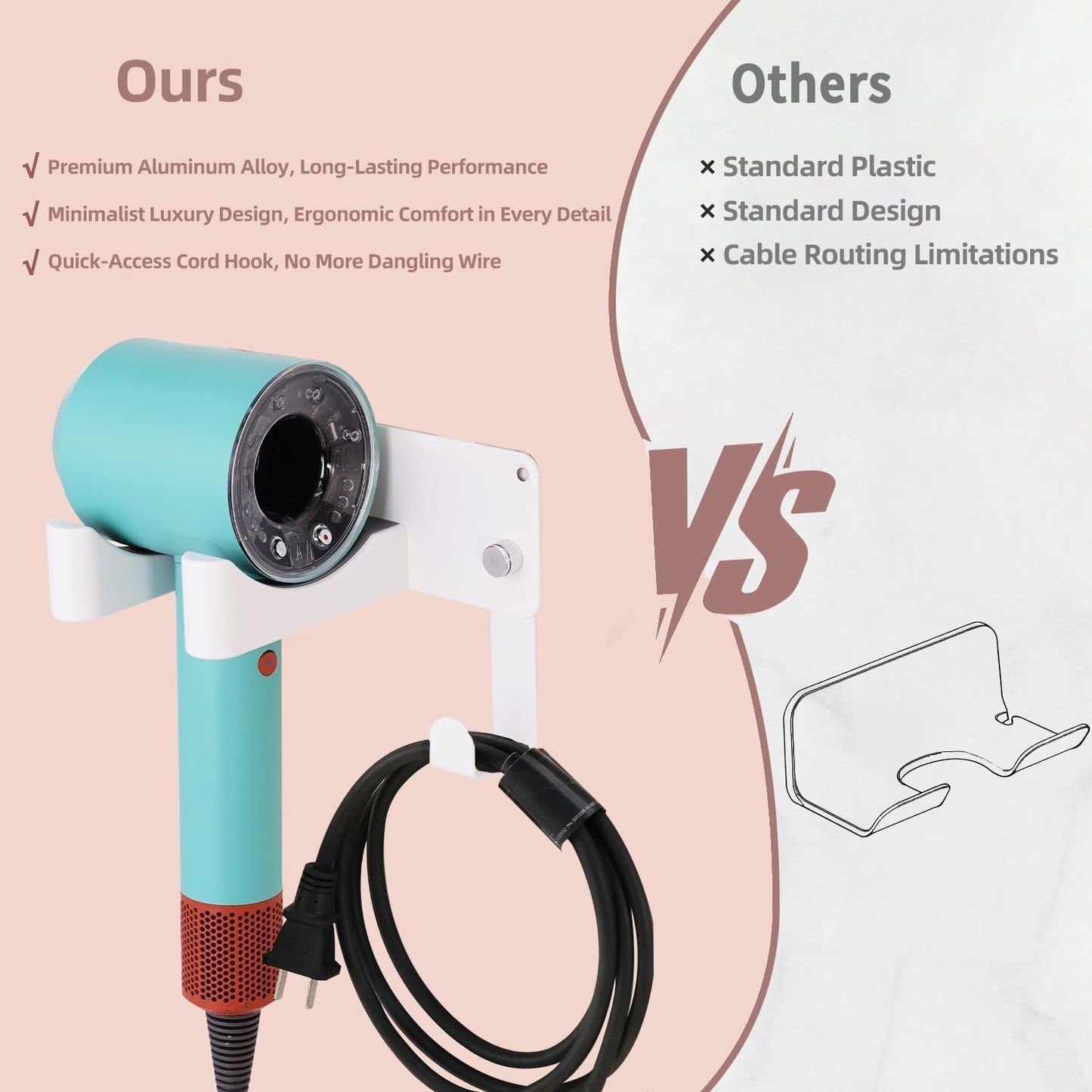 Hair Dryer Holder, Aluminum Alloy Blow Dryer Holder with Adhesive/Screw Installation, Universal Hair Dryer Wall Mount Compatible with Dyson Hairdryer Holder for Bathroom White UEMUSI