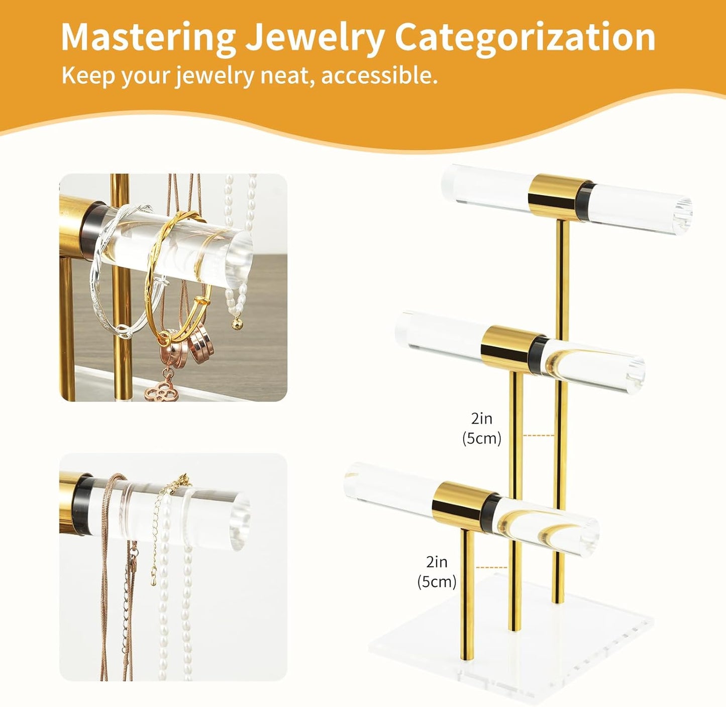 T-Bar Tangle-free Necklace and Jewelry Display Stands, 3-Tier Acrylic Bracelet Holder Stand, Clear Gold Jewelry Organizer with Stainless Rod, Women Vendors Retail Store Counter Bangles Display Stand