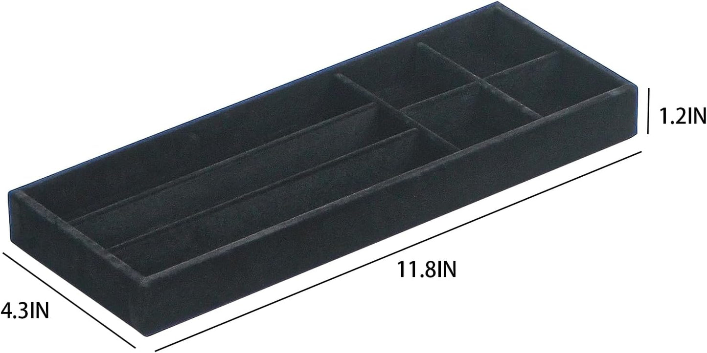 2Pcs Desk Drawer Storage Tray, Nightstand Organizer Tray, Necklace Bracelet Ring Earring Jewelry Display Tray, Grid Table Organizer Holder Tray for Sunglass, Phone, Watch, Perfume (7 grid)/Black