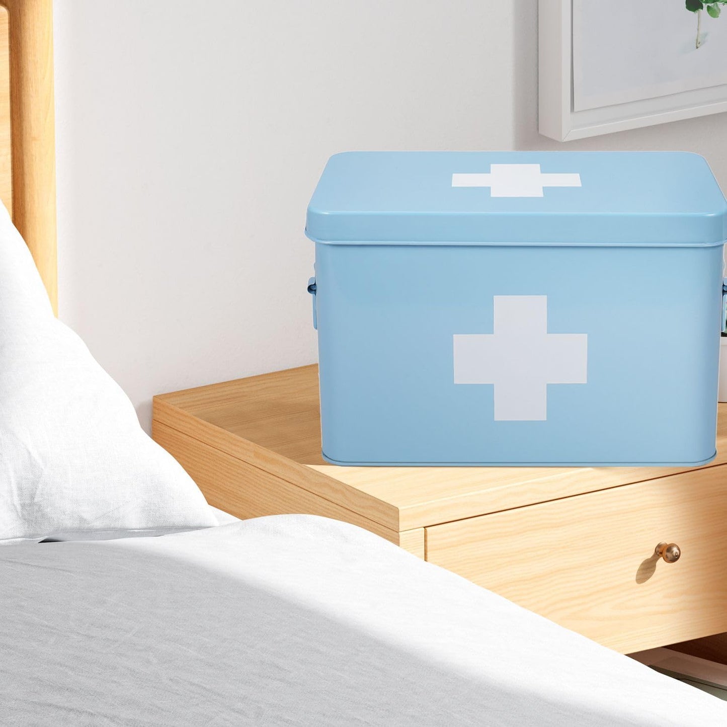 Flexzion First Aid Box Organizer Empty 13" Blue Vintage First Aid Kit Tin Metal Medical Box - First Aid Storage Box Container Bins with Dividers, Removable Tray and White Cross Logo