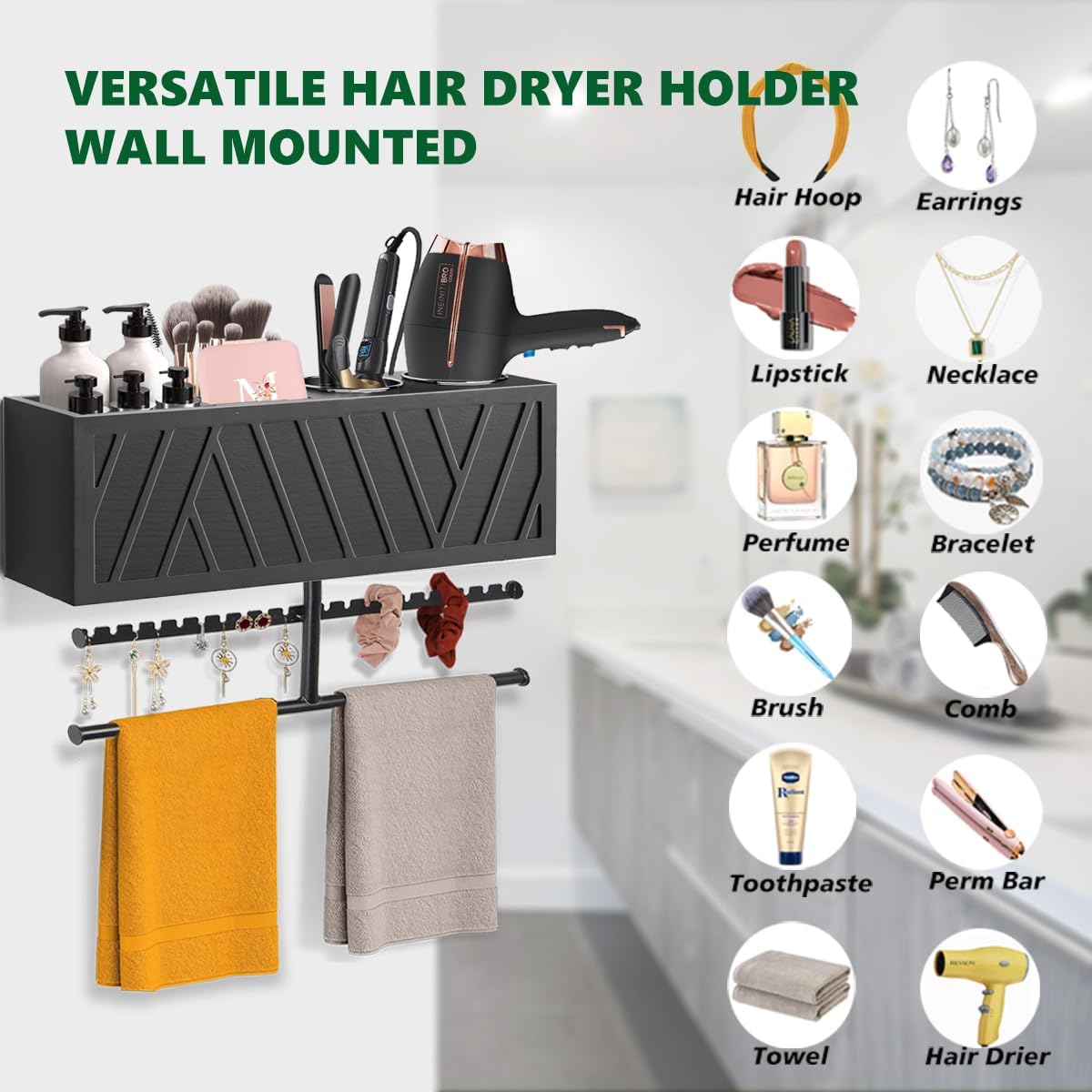 Rustic Hair Dryer Holder Wall Mounted,Hair Styling Tools & Accessories Organizer,Bathroom Supplies & hot Tools vanities Organizer Caddy,for Storage Flat Iron,Blow Dryer,Curling Iron,Towel