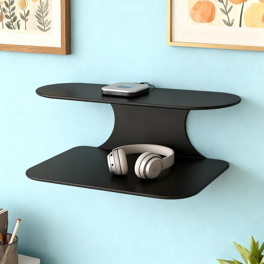 Simple Metal Floating Nightstands Set of 2, Wall Mounted Black Bedside Shelf for Bedroom, Minimalist Modern Bedside Stand, Floating Shelf with 2 Tier Storage for Bedroom (Black, Set of 2)