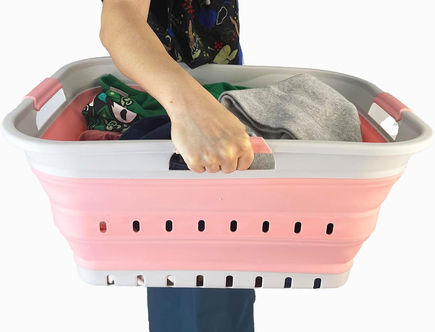 SAMMART 42L (11 gallon) Collapsible Plastic Laundry Basket - Foldable Pop Up Storage Container/Organizer - Space Saving Hamper/Basket (Grey/Quartz Pink)
