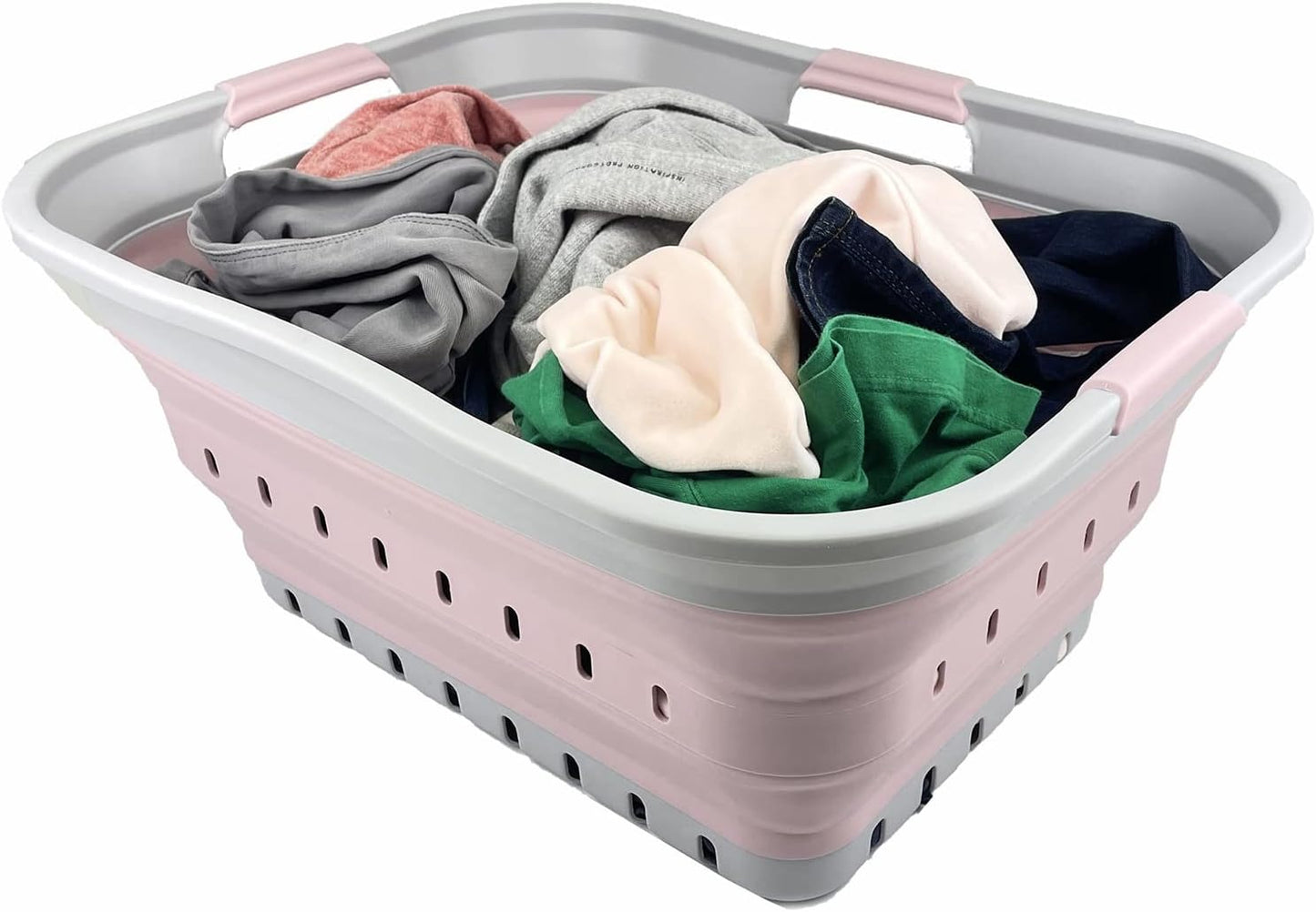 SAMMART 42L (11 gallon) Collapsible Plastic Laundry Basket - Foldable Pop Up Storage Container/Organizer - Portable Washing Tub - Space Saving Hamper/Basket (Grey/Pale Pink)