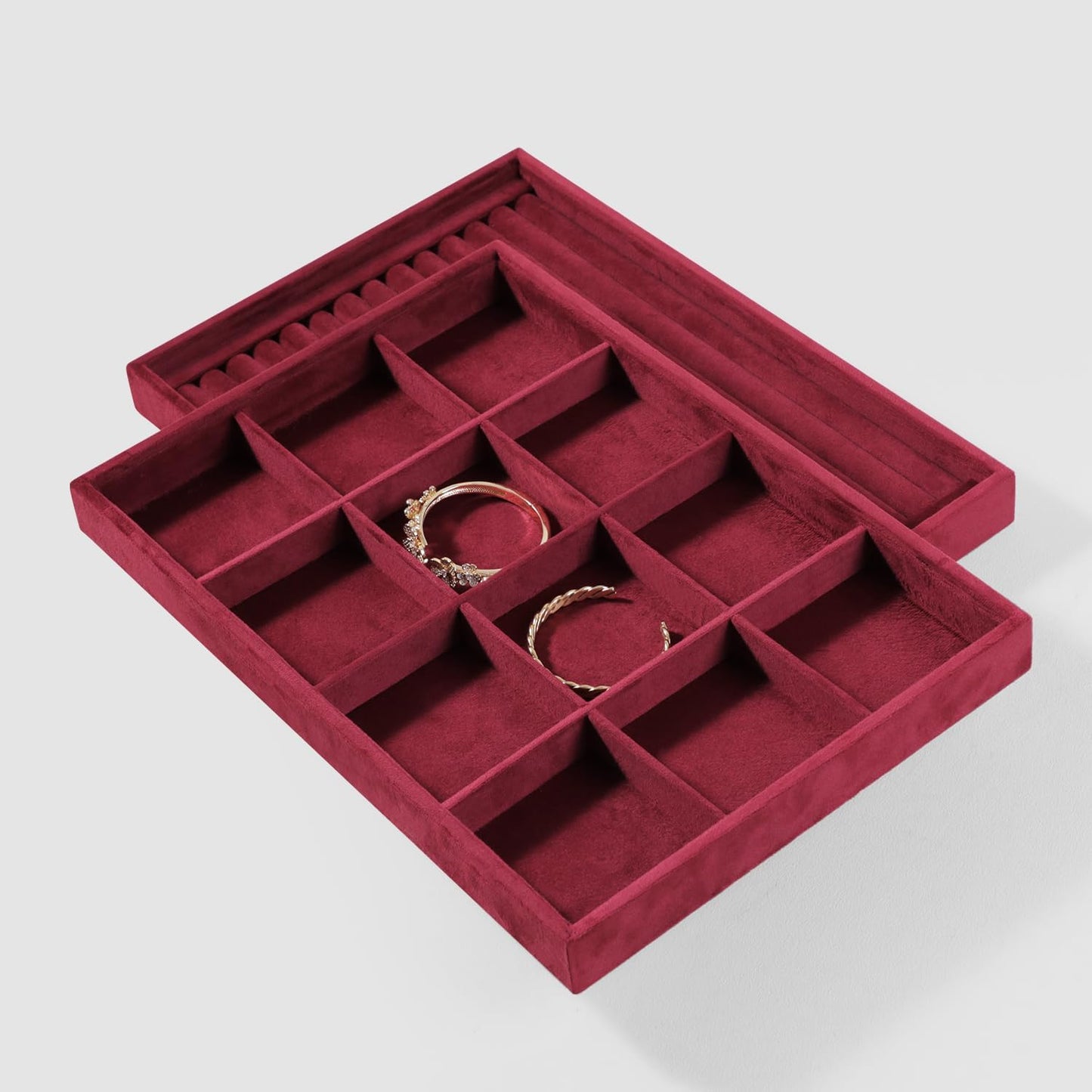 Velvet Stackable Jewelry Display Tray, 12 Grid Watch Bangle Bracelet Storage Tray, Makeup Drawer Insert Jewelry Shop Organizer Plate (Red)