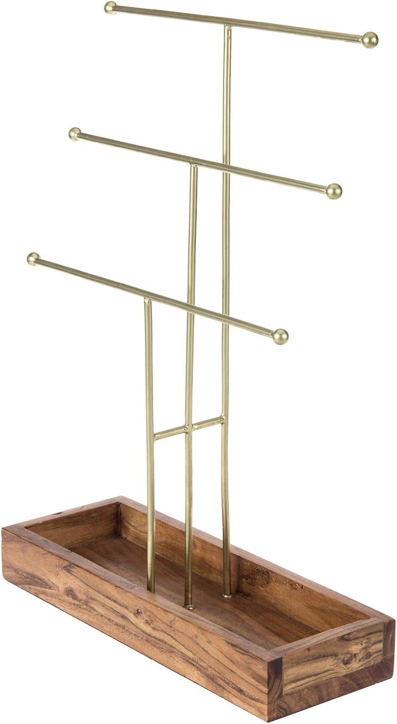 MyGift Handmade 3-Tier Brass Metal Jewelry Tree Organizer Stand and Ring Tray with Solid Acacia Wood Base, T Bar Necklace and Bracelet Display Rack, Handcrafted in India