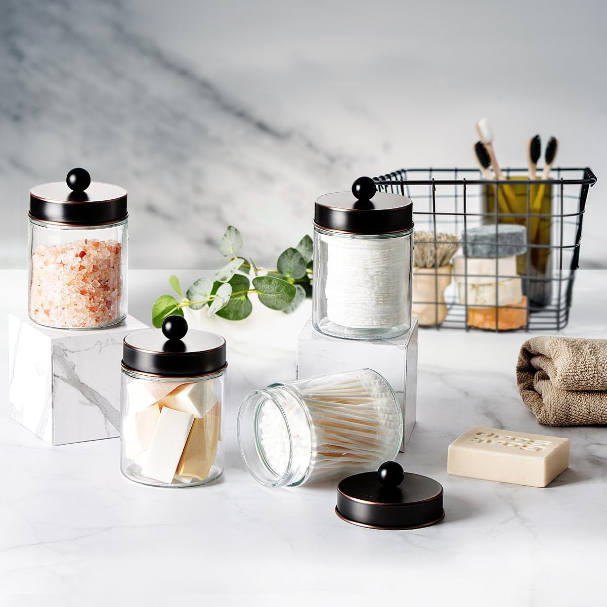 Amolliar Apothecary Jars Bathroom Storage Organizer - Cute Qtip Dispenser Vanity Canister Glass with Lid for Cotton Swabs,Rounds,Bath Salts,Makeup Sponges,Hair Accessories/Oil Rubbed Bronze(2 Pack)