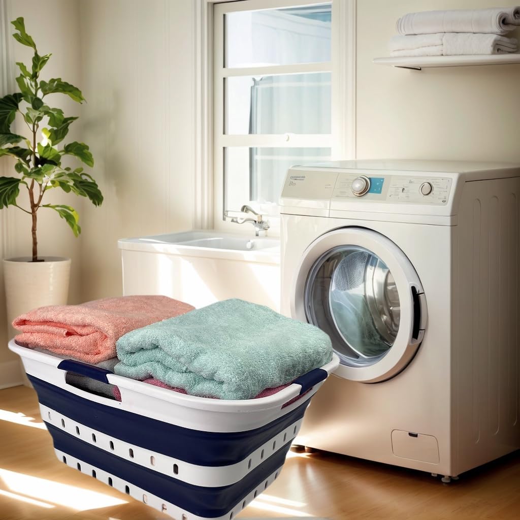 SAMMART 42L (11 gallon) Collapsible Plastic Laundry Basket - Foldable Pop Up Storage Container/Organizer - Space Saving Hamper/Basket (1, White/Starry Blue)