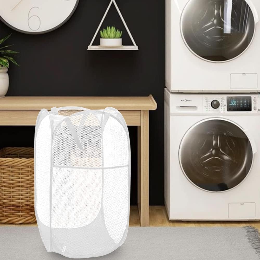 BATTOO Deluxe Strong Mesh Pop up Laundry Hamper Basket with Side Pocket for Laundry Room, Bathroom, Kids Room, College Dorm or Travel White