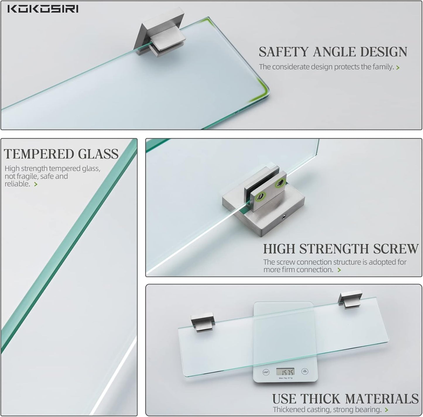 KOKOSIRI Wall Shelves Floating Bathroom Glass Shelf for Kitchen Storage, 20'' x 5.6'' Tempered Glass Wall Mounted Brushed Stainless Steel B1106BR-L20