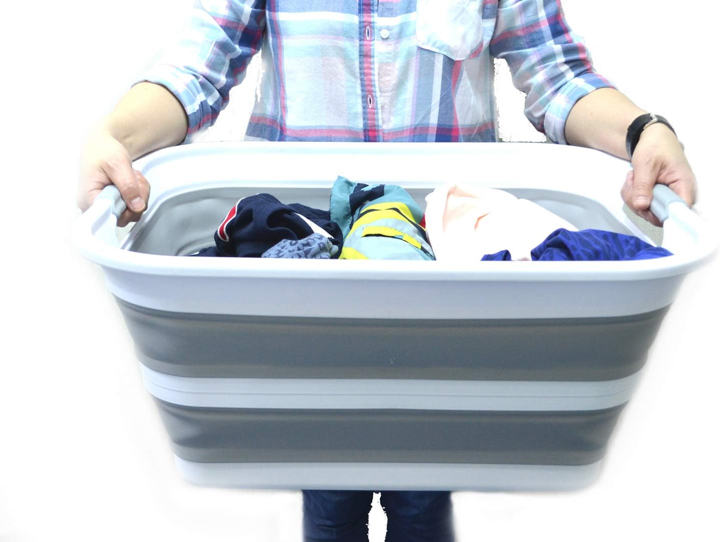SAMMART 42L Collapsible Plastic Laundry Basket - Foldable Pop Up Storage Container/Organizer - Portable Washing Tub - Space Saving Hamper/Basket (Grey, 1)
