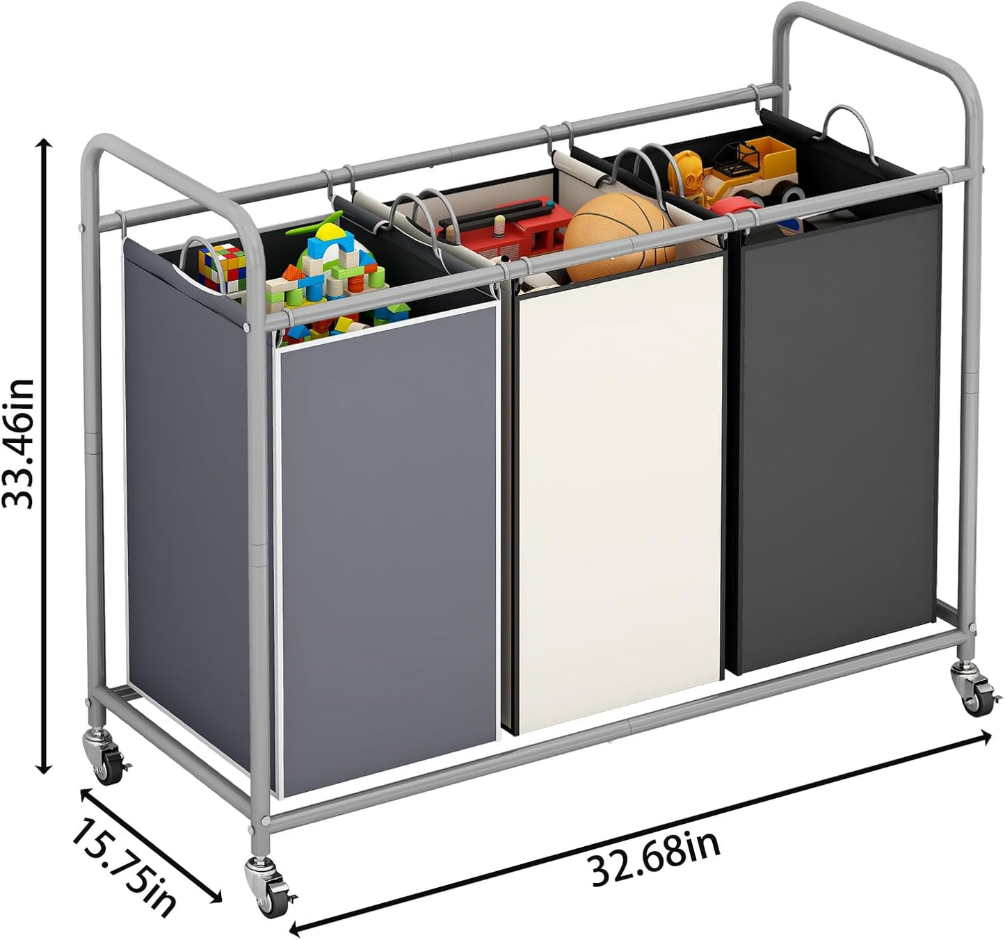 LINZINAR 3-Bag Laundry Basket Sorter Laundry Hamper Cart with Heavy Duty Rolling Lockable Wheels and Removable Bags (Assorted)