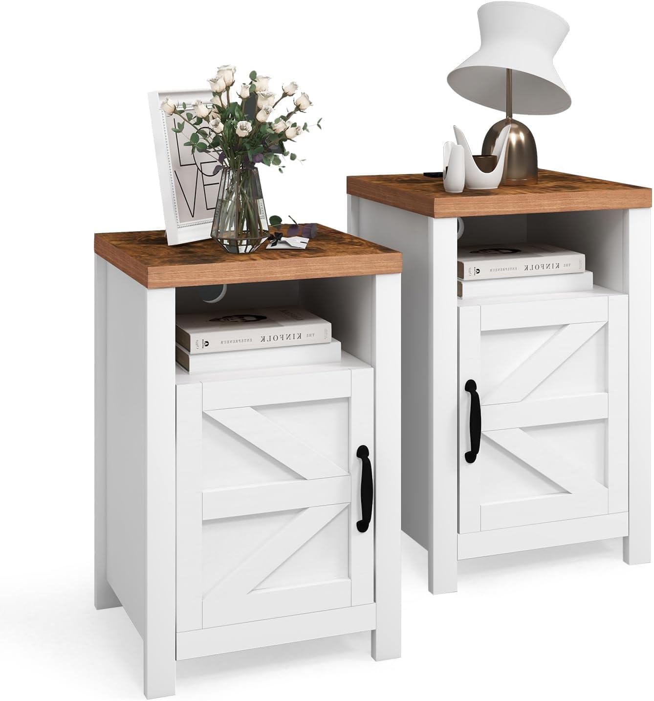 Farmhouse Nightstand with Charging Station, Couch Side Table Set of 2, Bedside Table with Storage Space, End Tables with Barn Door, Bed Side Tables for Living Room and Bedroom, White