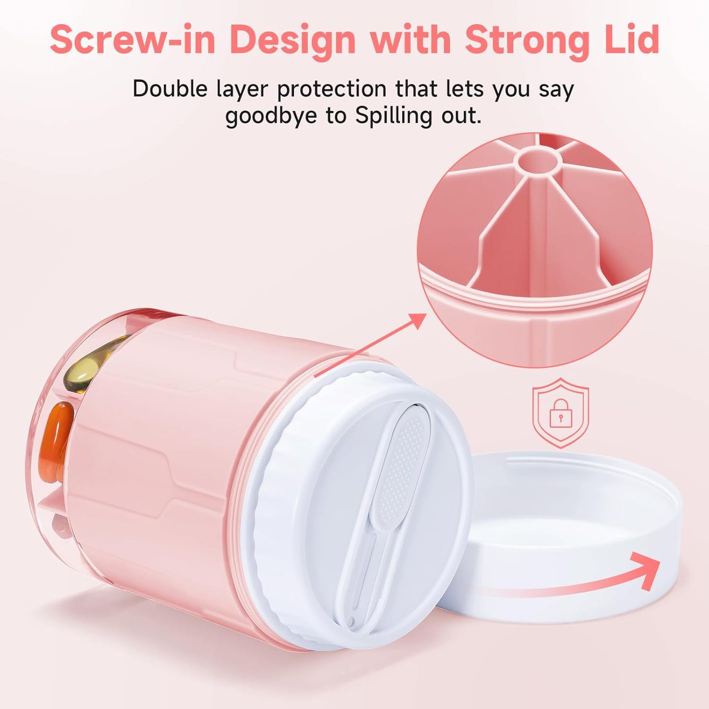 Daviky Pill Bottle Organizer, Supplement Organizer with 7 Large Compartments, Travel Pill Dispenser Round Pill Box with Two Lids(Pink+White)