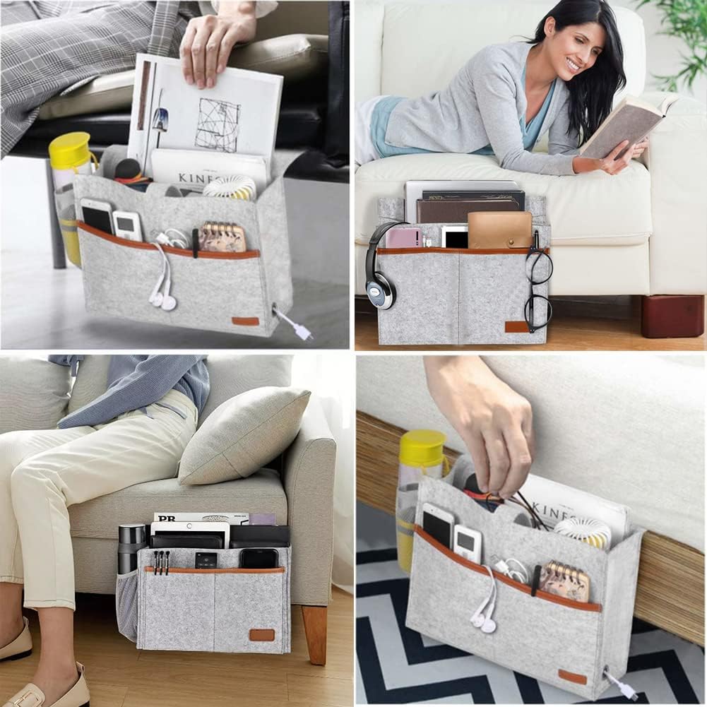 Bedside Caddy,Felt Bedside Storage Organizer, Hanging Storage for Dorm Bed Sofa for tablet Magazine Phone Remotes and Water Bottle Holder (Light Grey)