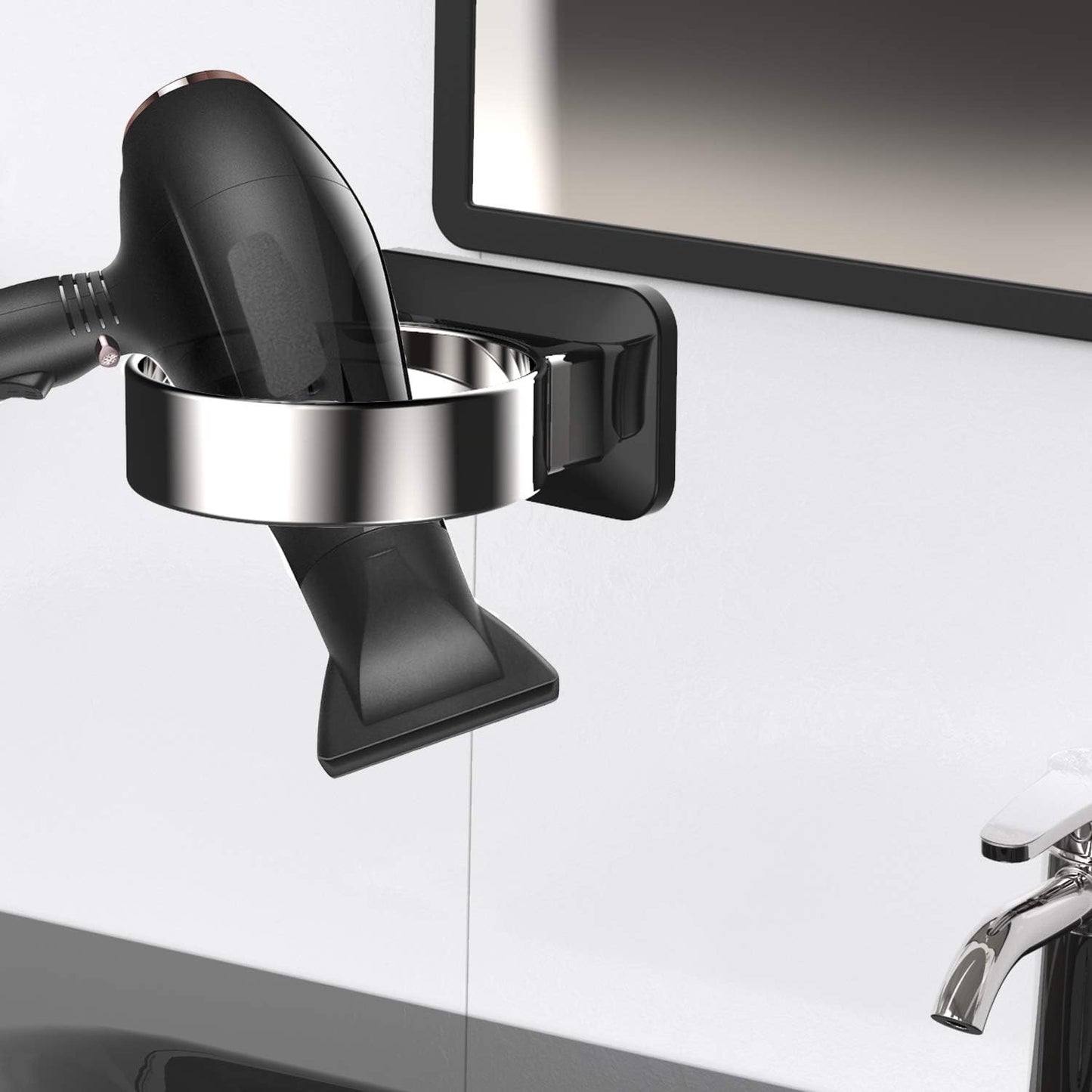 Hair Dryer Holder, Bathroom Cabinet Door Blow Dryer Stand, Blow Dryer Holders Wall Mount - Extra Large Rim (Silver + Black)