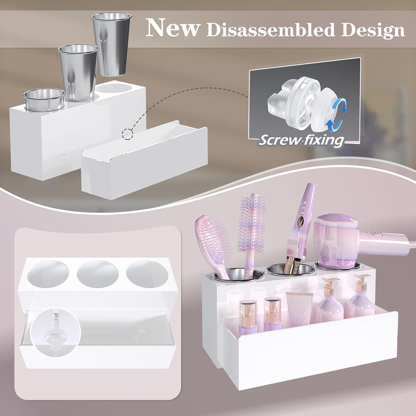 Hair Tool Organizer, Acrylic Hot Hair Styling Tool Organizer with 3 Cups, Hair Dryer Holder for Bathroom Organization Bedroom Vanity Countertop Caddy Storage Curling Iron Stand (Glossy White)