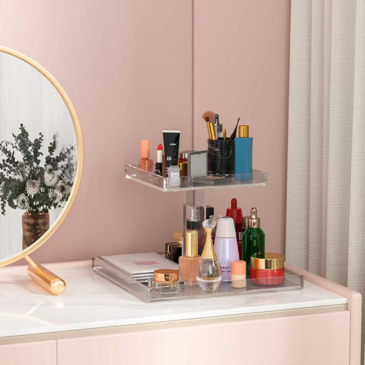 2-Tier Acrylic Perfume Organizer, Display Stand for Dresser & Counter, Vanity Trays Makeup Storage Holder, Bathroom & Kitchen Organizer (12x8)