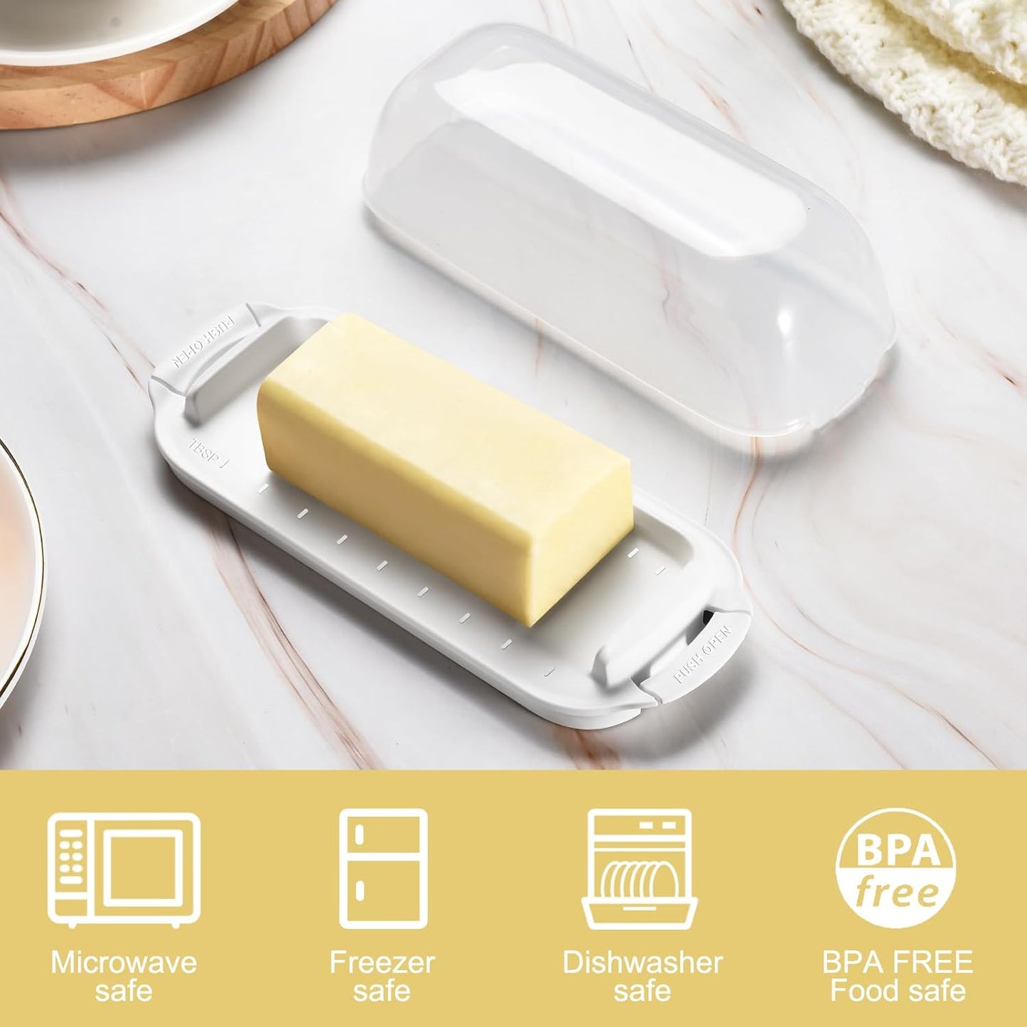 Butter Dish with Clear Lid, Butter Container Holds for Countertop, Unbreakable Butter Keeper for Home Kitchen Decor, Perfect for East/West Coast Butter, BPA-free, Microwave/Dishwasher Safe (White)