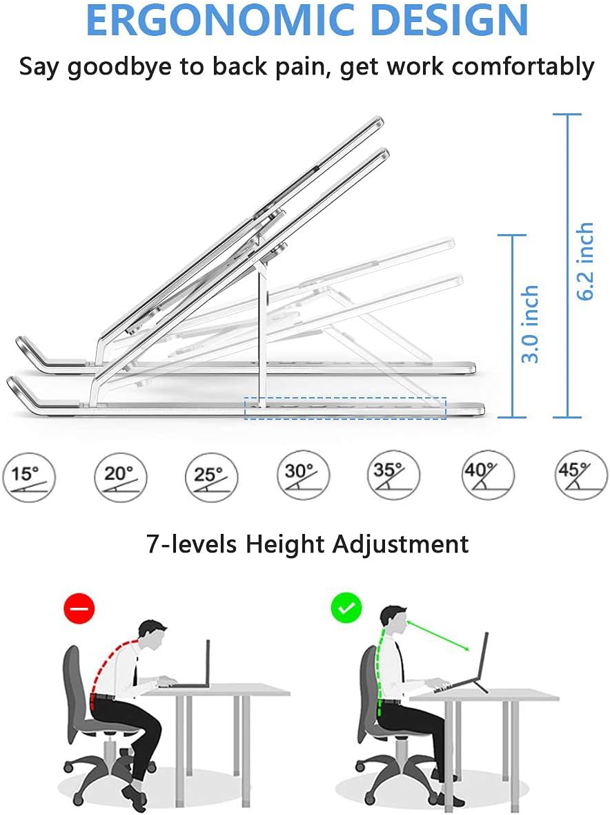 Laptop Stand, Adjustable Aluminum Foldable Portable Holder, Upgrade Whole Anti-Slip Silicone Pad, Laptop Riser for Desk Compatible with MacBook Air Pro/iPad, Lenovo and More 10-15.6” Tablets