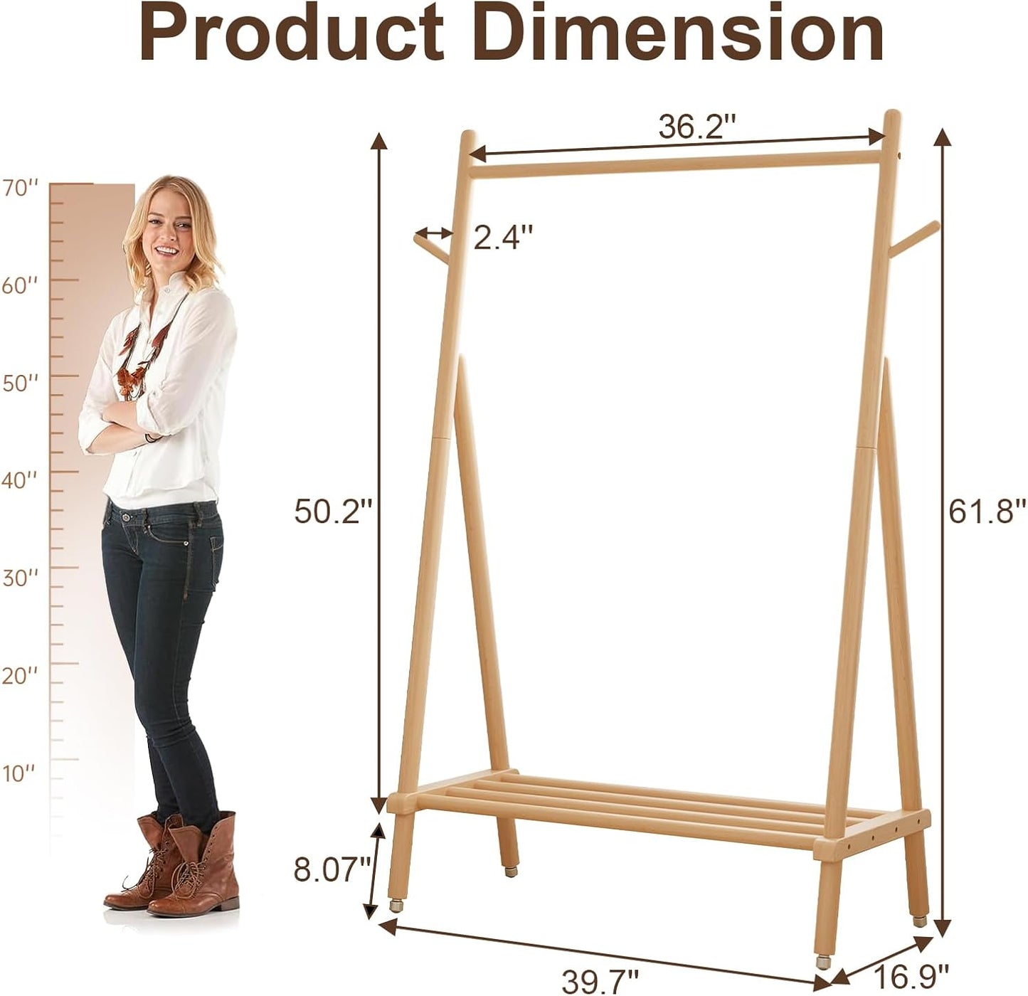 Solid Wood Clothing Rack, Rolling Clothes Rack for Hanging Clothes, Garment Rack with Shelves Load 350 Lbs, Portable Closet Organizer on Wheels for Hanging Clothes (Natural)