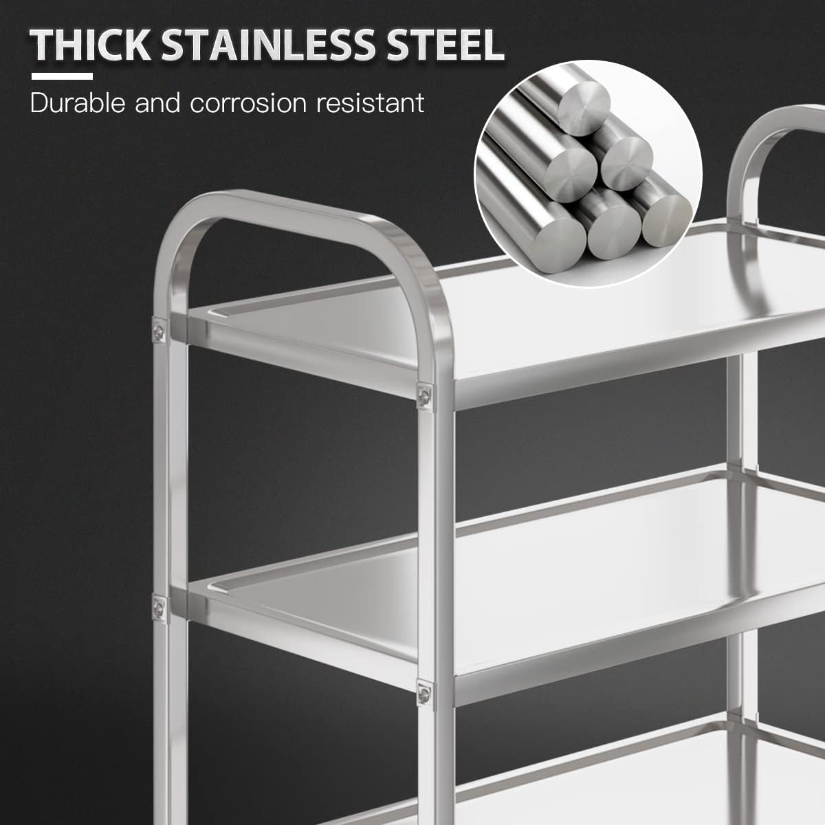 3 Shelf Stainless Steel cart,400 lbs,1MM Thick,Serving cart with Wheels, Household, Service Trolley,360°Rotation Storage Shelf with Locking Wheels 29.5 * 15.7 * 37.4'' L*W*H S.