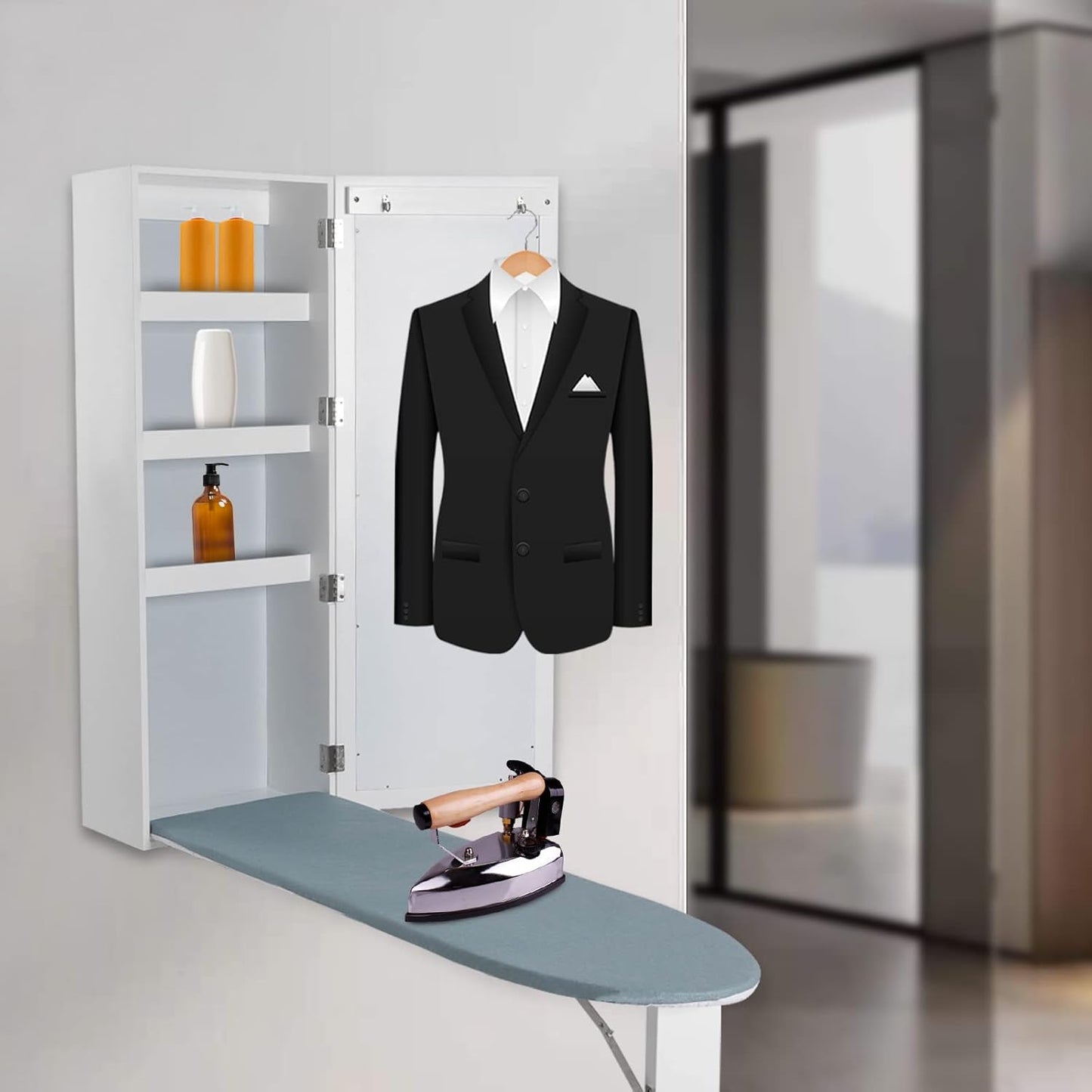 Wall Mounted Ironing Board Cabinet, Built-in Foldable Ironing Board & Folding Support Leg, Wall Ironing Boards with Mirror and 2 Hooks for Home, Apartment & Small Spaces