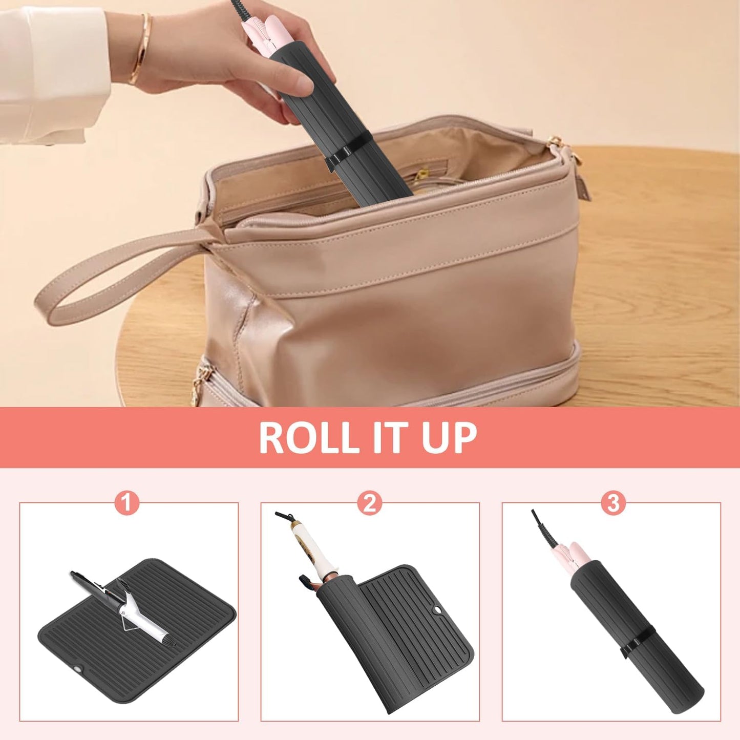 Quccefods Large Heat Resistant Silicone Mat for Hair Tools: Curling Iron, Flat Iron, Hair Straightener - Portable Hair Styling Pad Cover