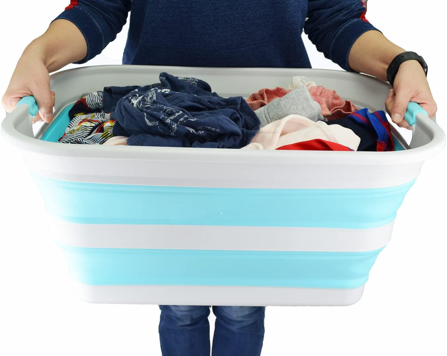 SAMMART 42L Collapsible Plastic Laundry Basket - Foldable Pop Up Storage Container/Organizer - Portable Washing Tub - Space Saving Hamper/Basket (Grey/Cyanine, 1)