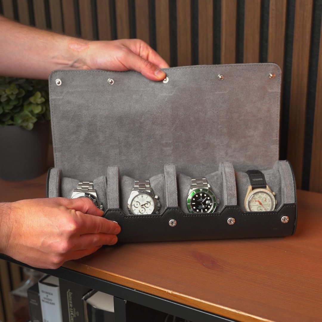 DailyWatch | Personalized Watch Roll Travel Case For 4 Watches - Handmade Genuine Leather Travel Case With Custom Engraving of Name or Initials - Black Grey