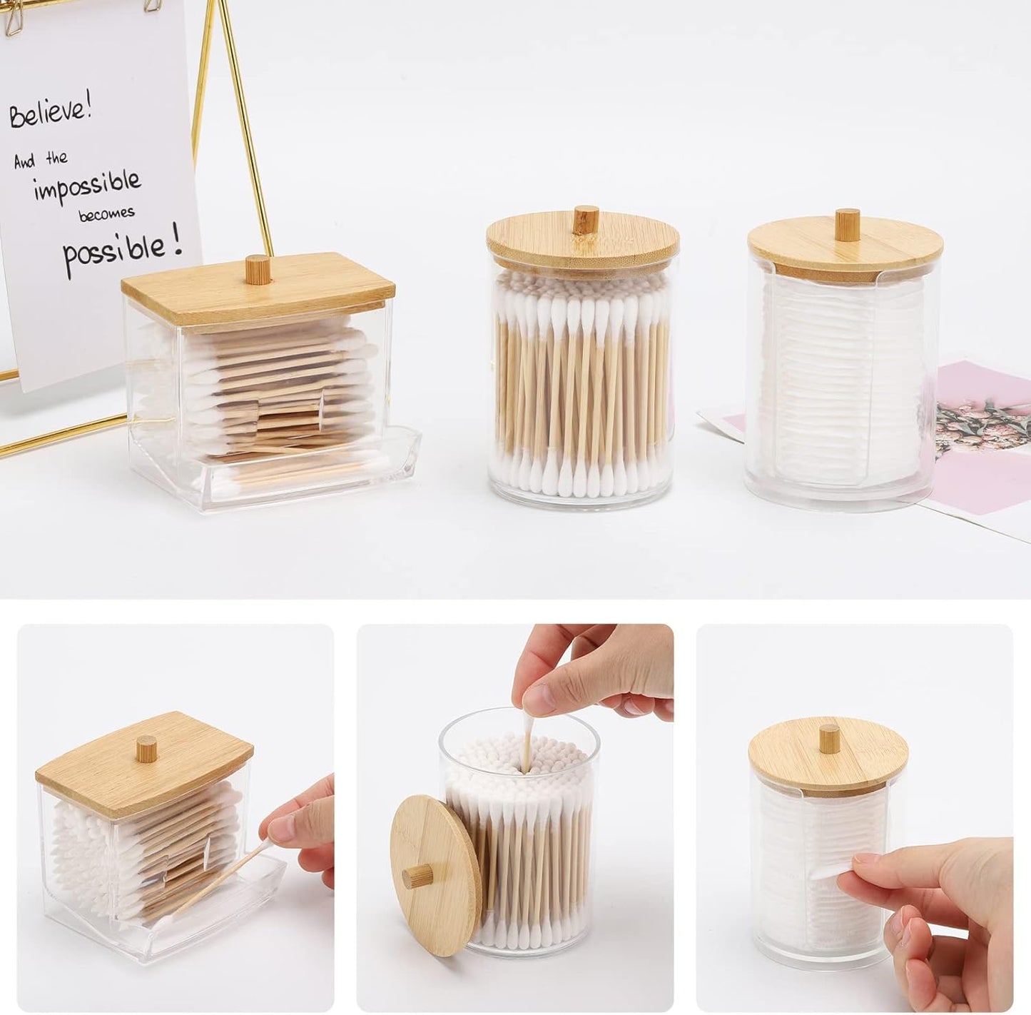 Tbestmax 4 Pack Qtip Holder Bathroom Container, 10/7oz Cotton Ball Cotton Swabs Pads Dispenser, Apothecary Jar with Bamboo Lids for Organizer and Storage (Beige)