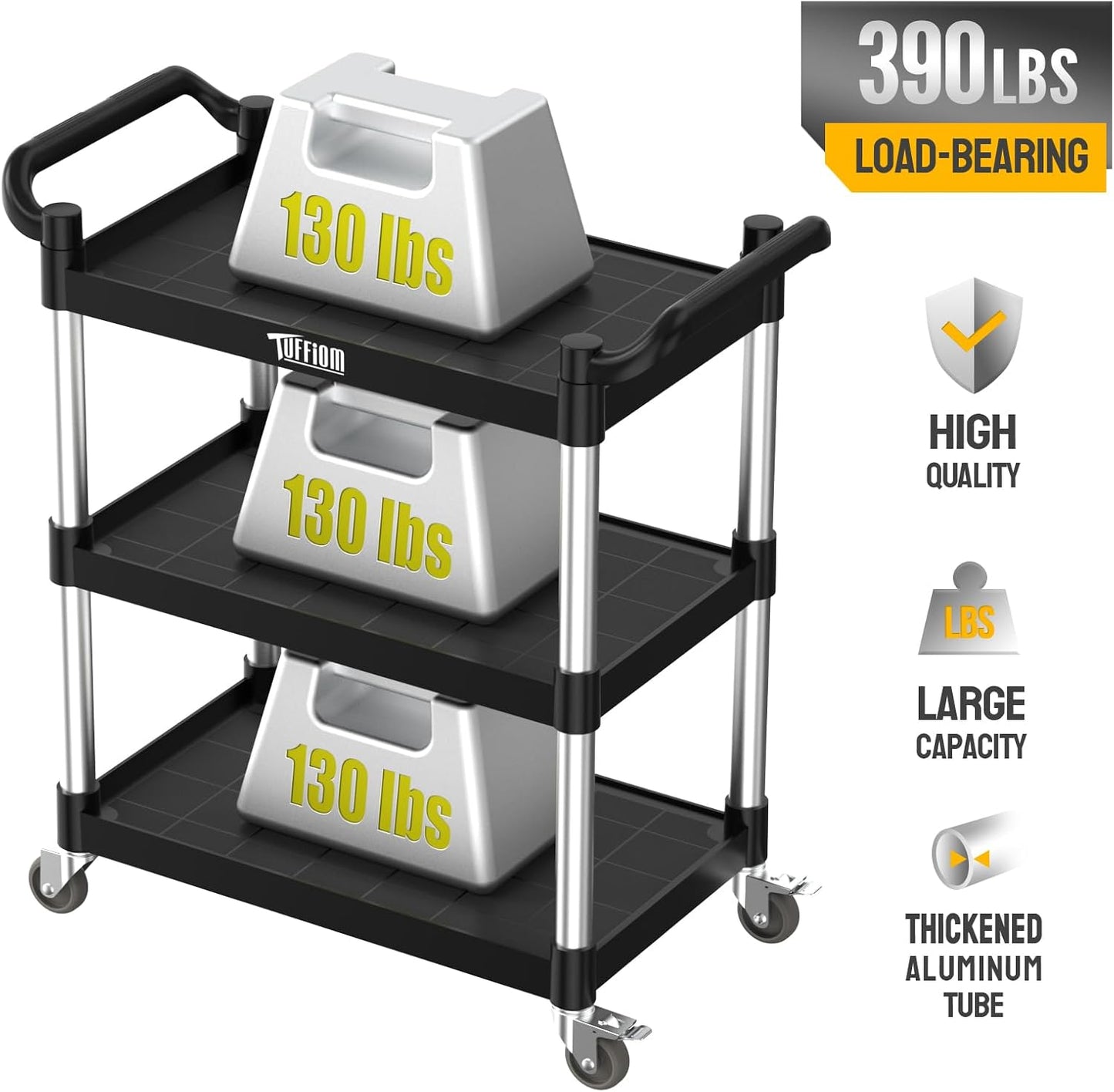TUFFIOM 3-Tier Plastic Service Utility Cart with Wheels, Heavy Duty 390lbs Capacity, Commercial Rolling Ideal for Restaurant, Foodservice, Office, Warehouse, Black 34.8''L x 17.4''W x 38.6''H