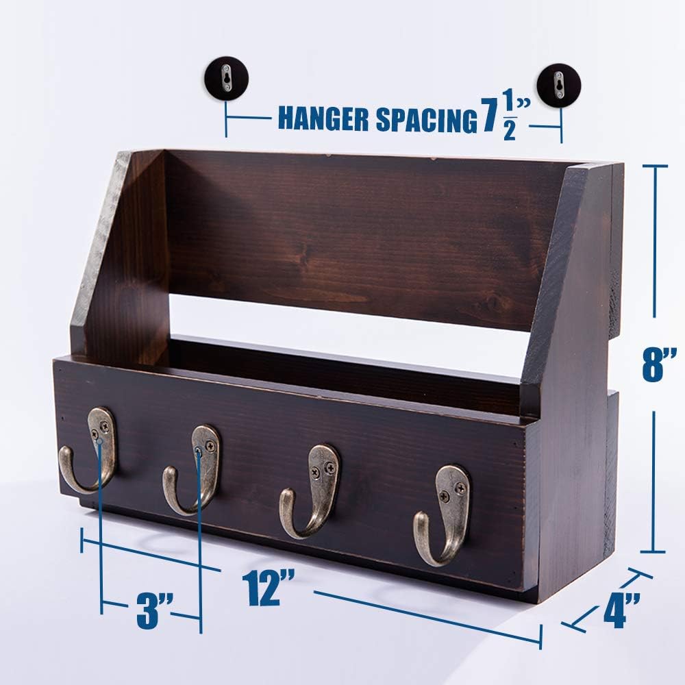 Flintar Wall Mount Key and Mail Holder with 4 Hooks. Made in Taiwan, Solid Wood. Use as Key Rack, Entryway or Mudroom Organizer, Mail & Bill Sorter, Magazine Holder (Walnut)