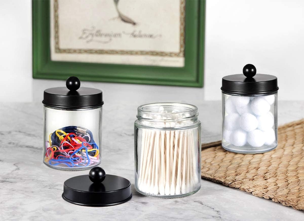 Amolliar Apothecary Jars Bathroom Storage Organizer - Cute Qtip Dispenser Holder Vanity Canister Jar Glass with Lid for Cotton Swabs,Rounds,Bath Salts,Makeup Sponges,Hair Accessories/Black(2 Pack)