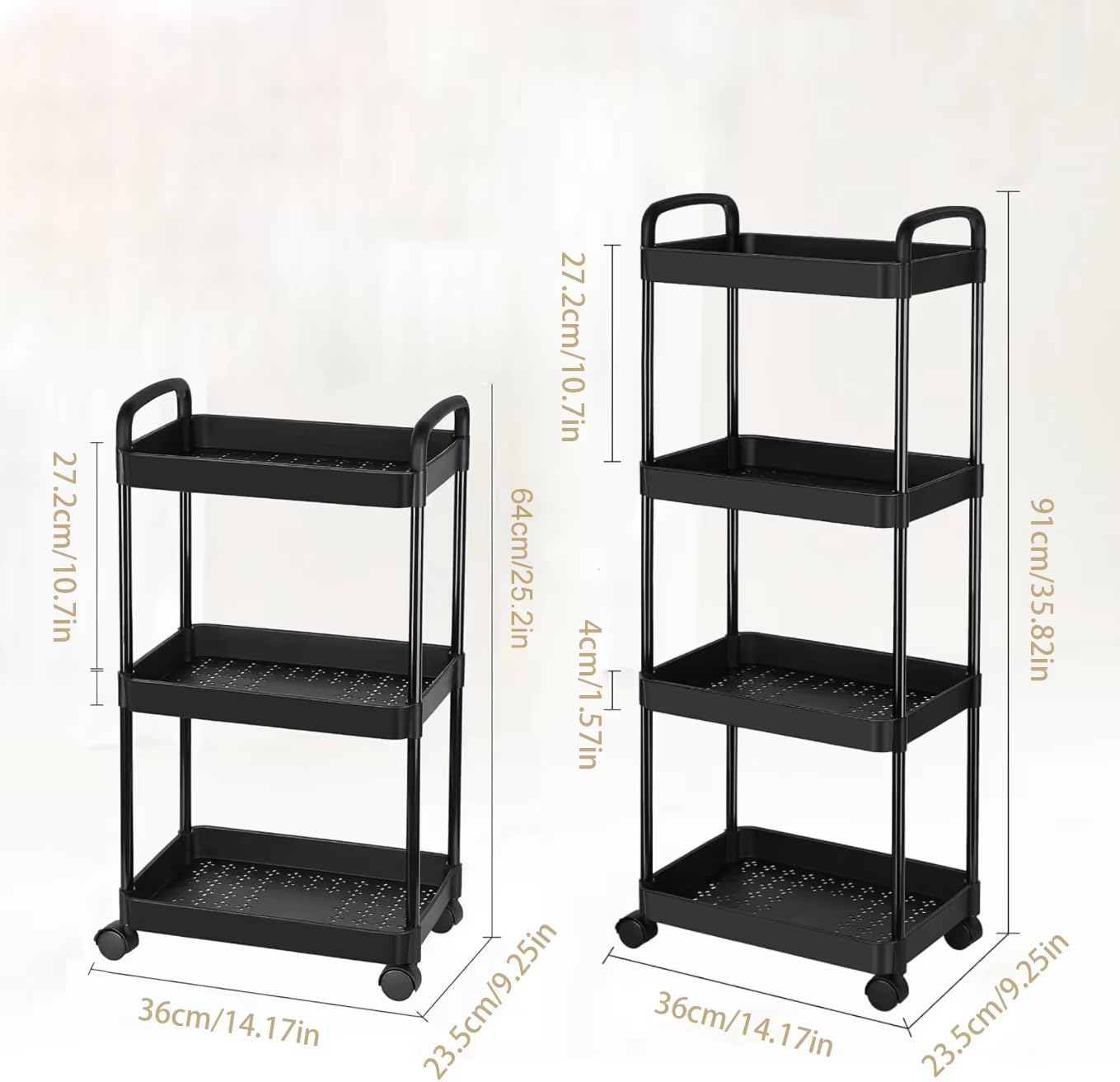 3-Layer, 4-Layer Rolling Cart with Wheels, Detachable Utility Storage Cart with Handle Storage Basket Organizer Shelves for Bathroom, Kitchen Pack of 2