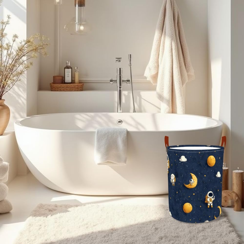 Laundry Baskets 15.7x19.7 Inch Large Astronaut Moon Star Space Design Collapsible Laundry Hamper with Handles Oxford Fabric Clothes Storage Bin Foldable Dirty Clothes for Bedroom Bathroom Dorm