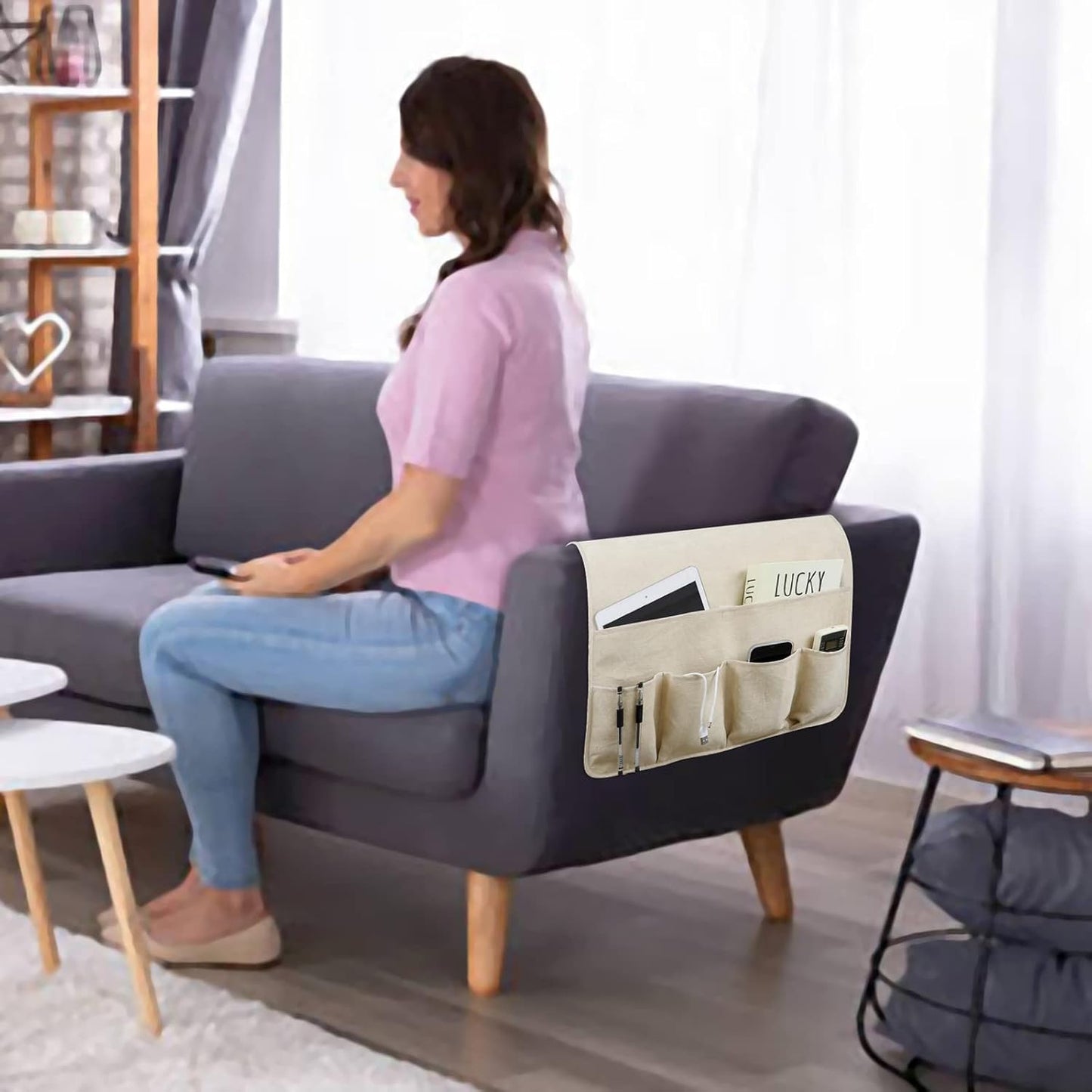 NB Sofa Armrest Organize remote holder bedside caddy organizer with 5 pockets,non-slip couch remote control holder couch armchair caddy accessories (Beige, 35''x18'')