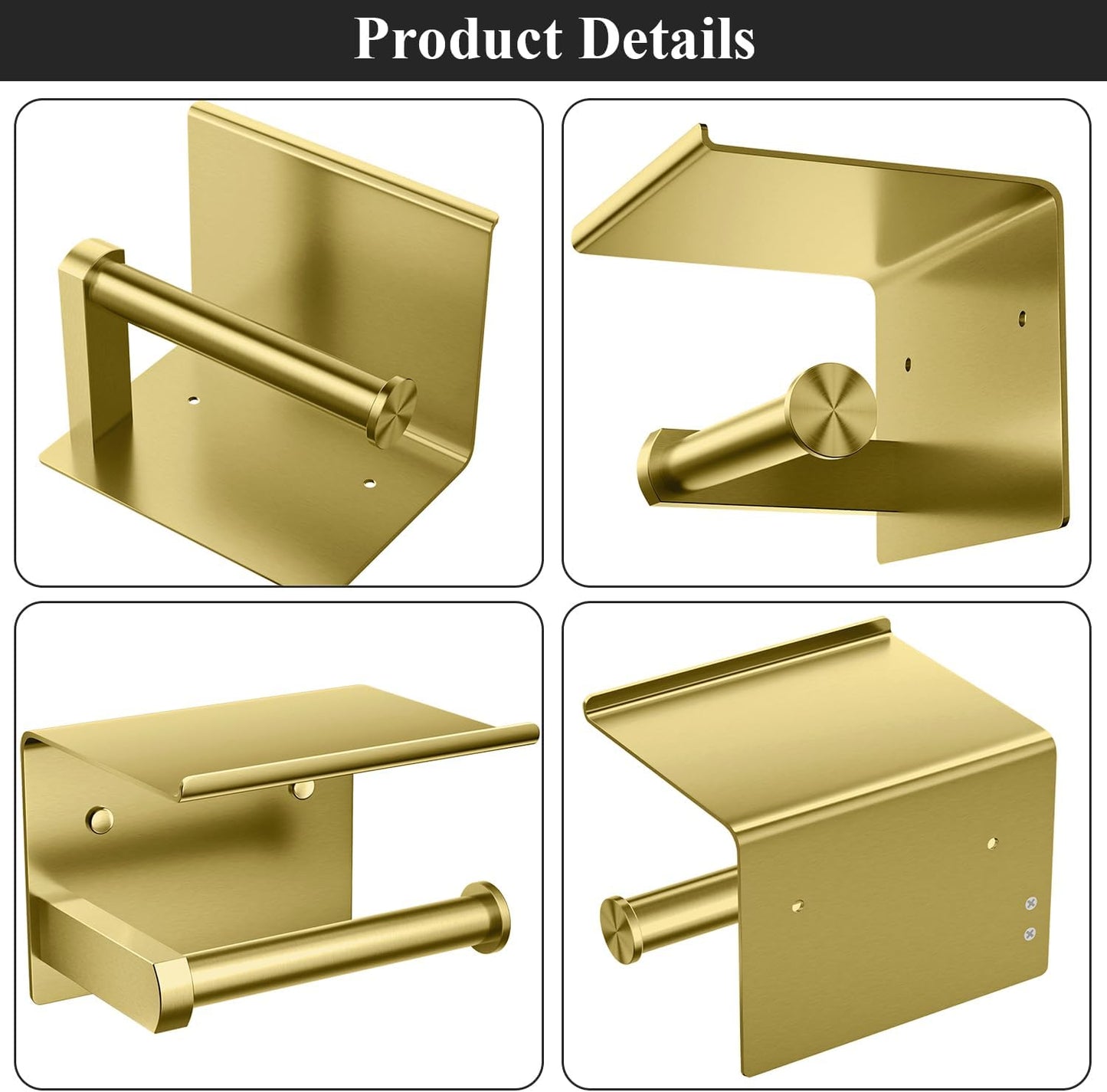 Tindbea Toilet Paper Holder with Phone Shelf, Adhesive or Screw Wall Mount Toilet Tissue Roll Holder, Rustproof & Multifunctional Stainless Steel Bathroom Storage Dispenser (Brushed Gold)