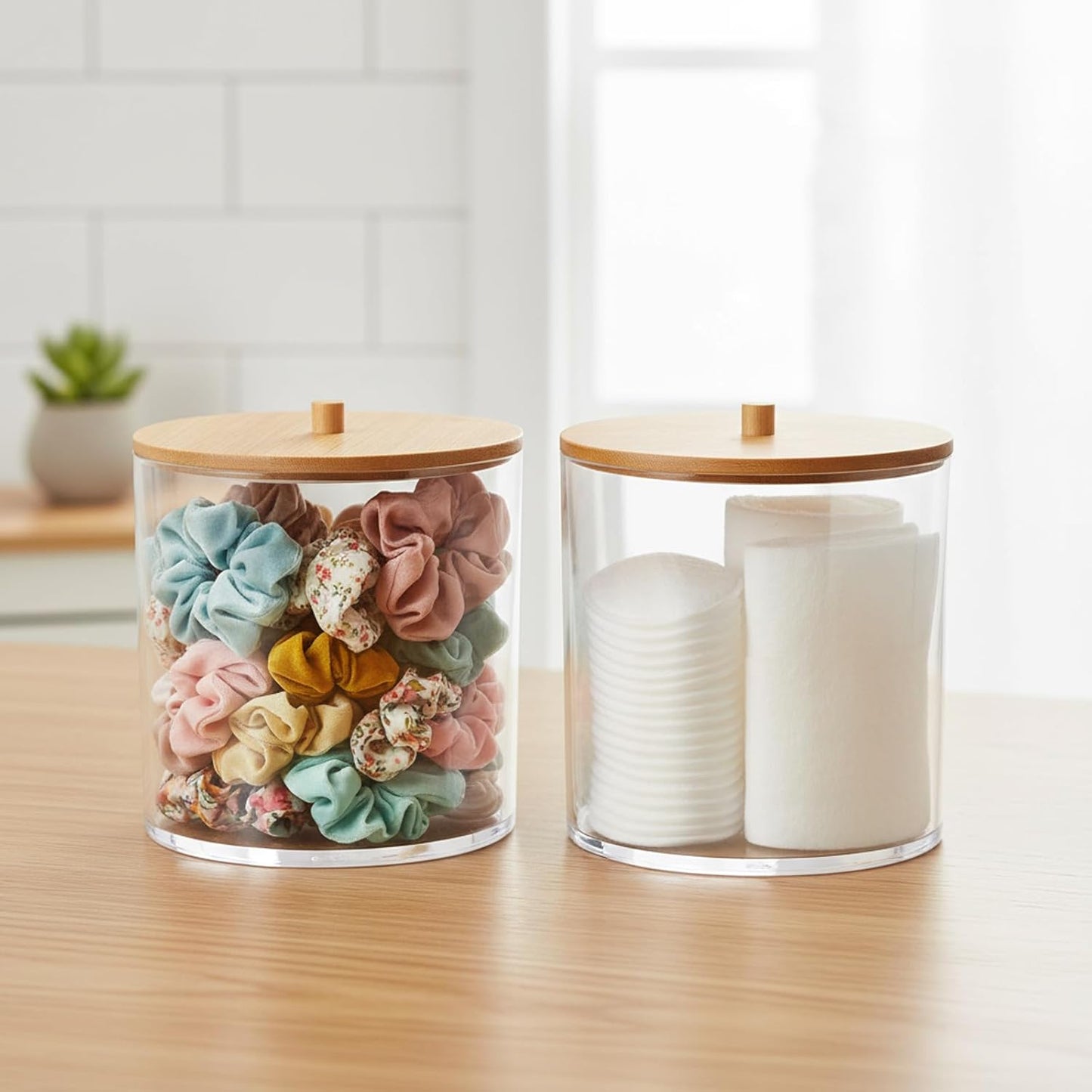 2Packs Scrunchie Organizers Holder,Hair Accessories Organizer with Wooden Lid,Acrylic Hair Tie Clip for Bathroom Storage Organizer & Beauty Supplies(Clear)