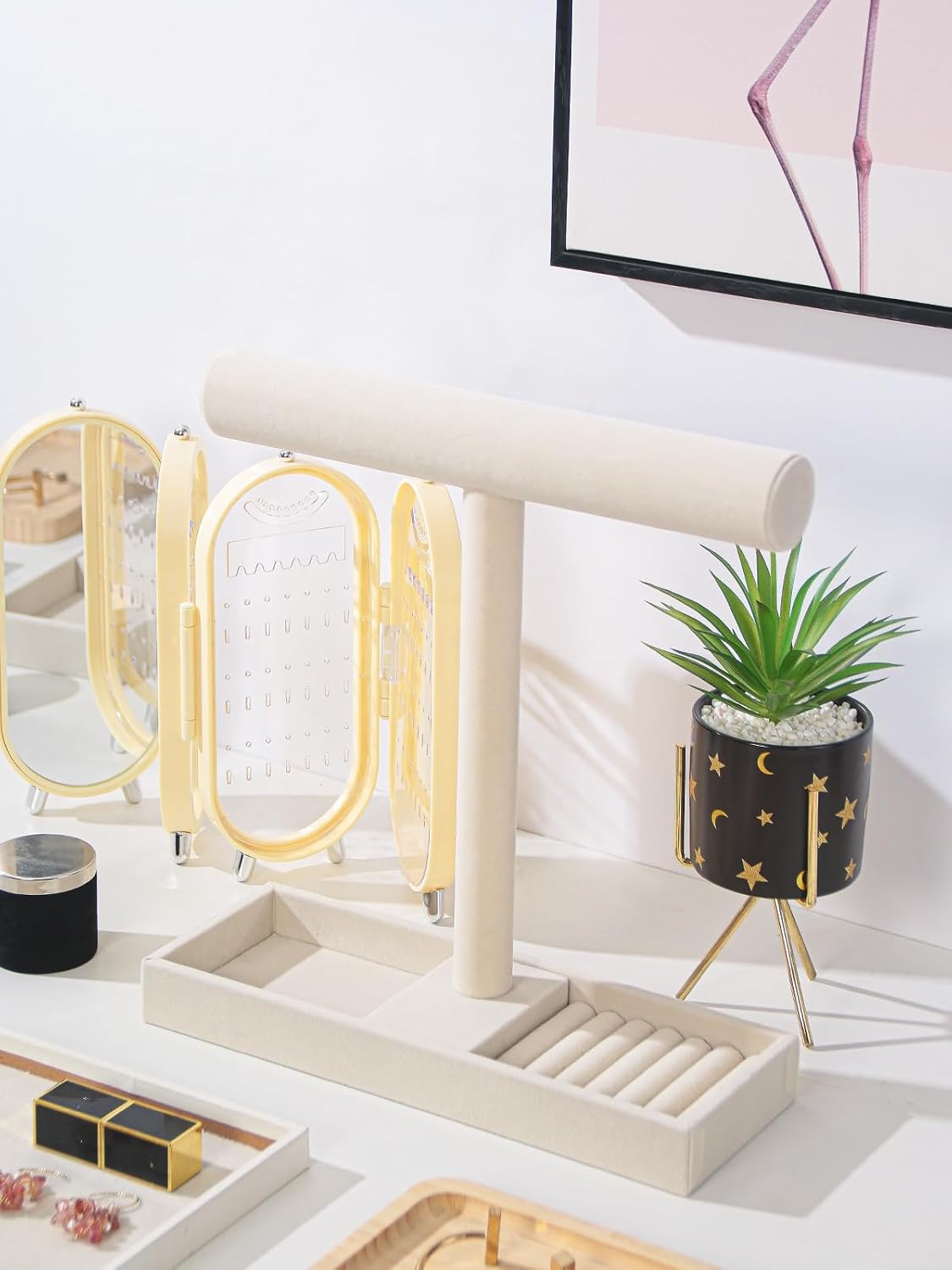Multi-Use Jewelry Holder Stand, Necklace Bracelet Ring Organizer Stand, Scrunchie Watches Velvet Jewelry Holder Stand With Tray for Women Home Use(Beige Color)
