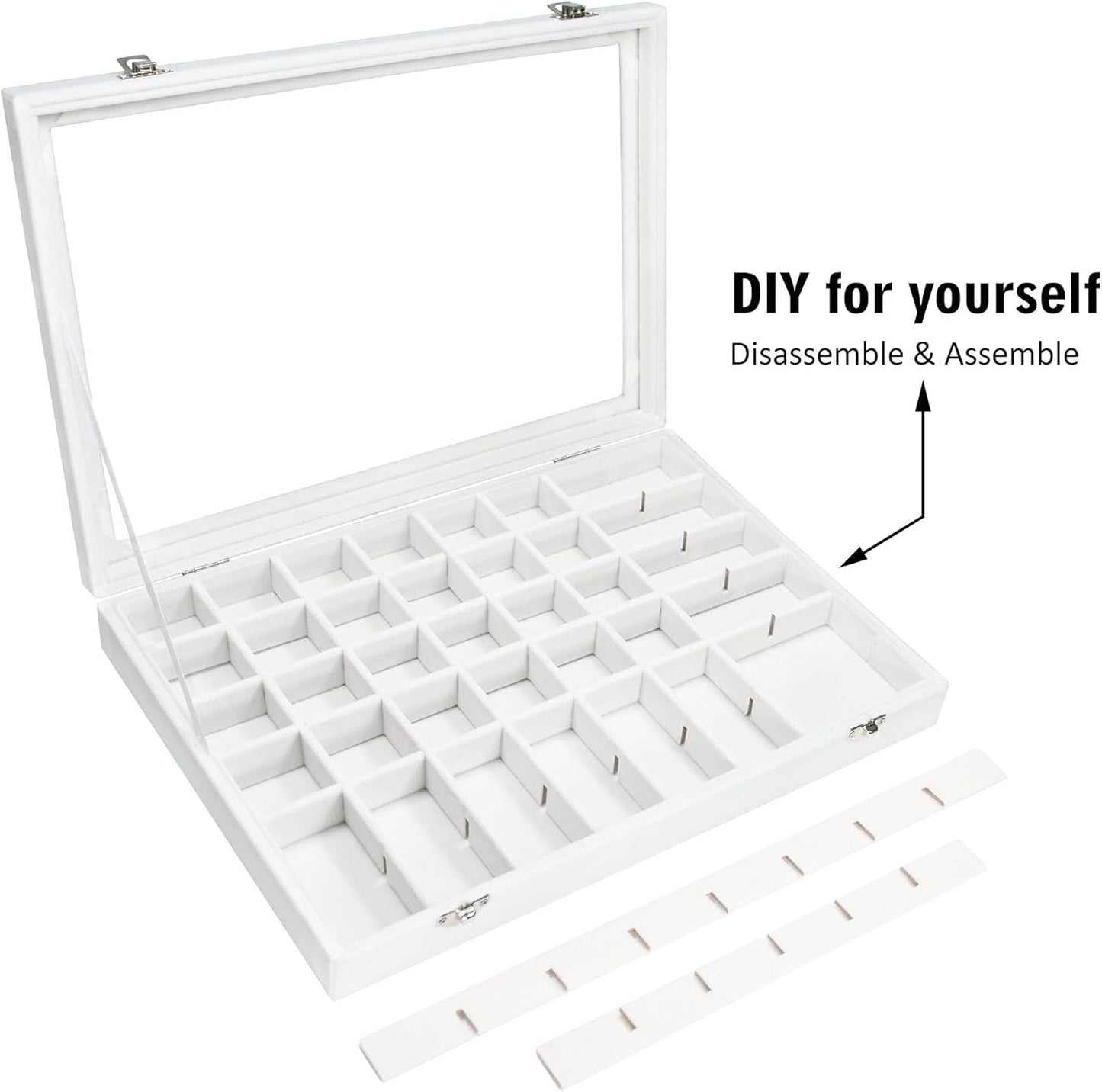 Velvet Jewelry Tray 48 Grid Jewelry Display Tray Organizer Box with Transparent Lid Rings Earrings Necklaces Pendants Display Box Suitable for Women and Girls (Ivory)