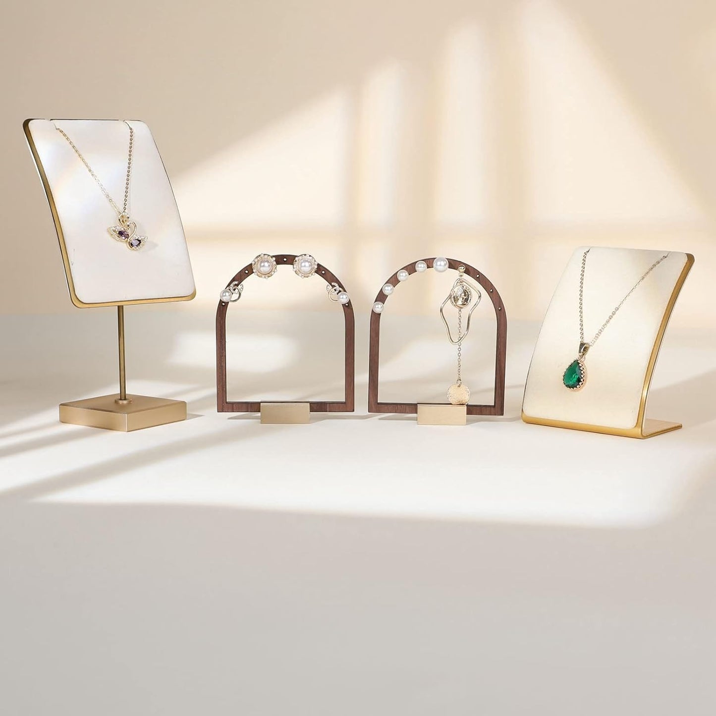 GemeShou 3pcs Wooden stud earring organizer holder, walnut earring hangers with brass base, Small Cute earring display for selling with 9 holes for each【Arch frame-3pcs】