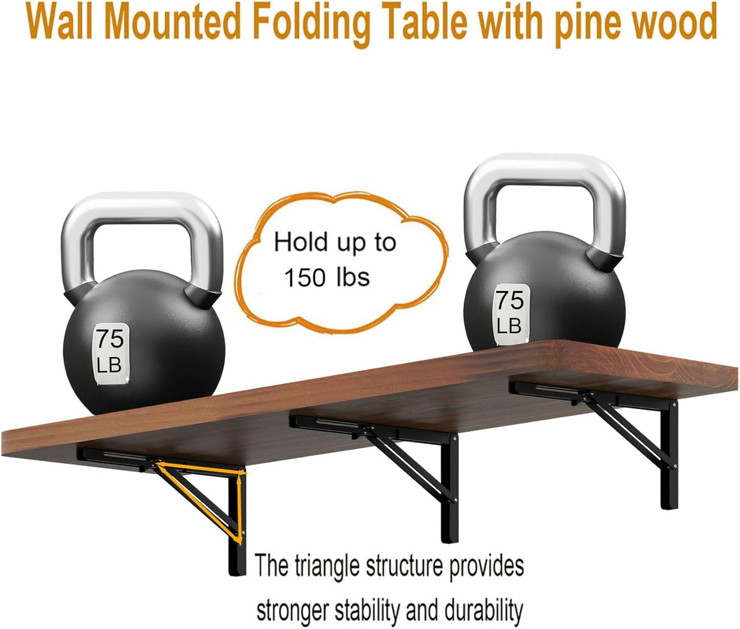 IAE Wall Mounted Folding Table with Pine Wood,48" x 16" Floating Wall Desk,Laundry Folding Table with Shelf Brackets,Fold Down Desk Shelf,Folding Workbench for Home,Dining,Laundry Room,Kitchen,Teak