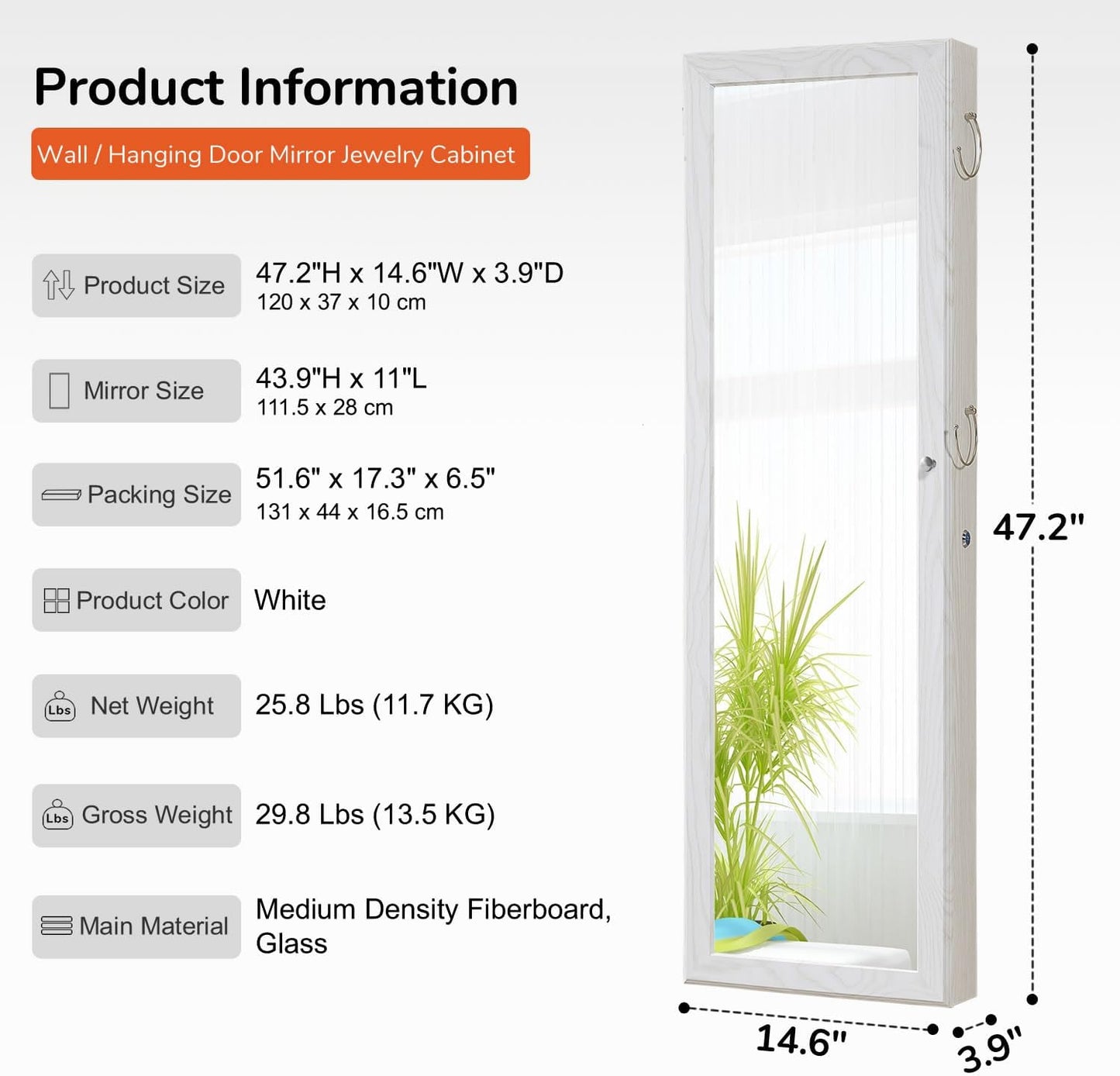 GISSAR Jewelry Mirror Armoire Wall Mount Over The Door Cabinet Storage Organizer Lockable Full Length Door Mirror(White)