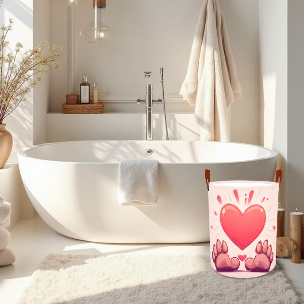 Laundry Baskets 15.7x19.7 Inch Large Paw Print Heart Design Collapsible Laundry Hamper with Handles Oxford Fabric Clothes Storage Bin Foldable Dirty Clothes Organizer for Bedroom Bathroom Dorm