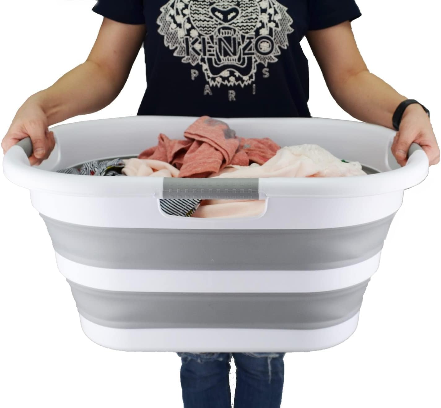 SAMMART 40L (10.5 gallons) Collapsible Plastic Laundry Washing Tub - Foldable Pop Up Laundry Basket/Hamper - Portable Washing Tub - Pop Up Saving (White/Grey)