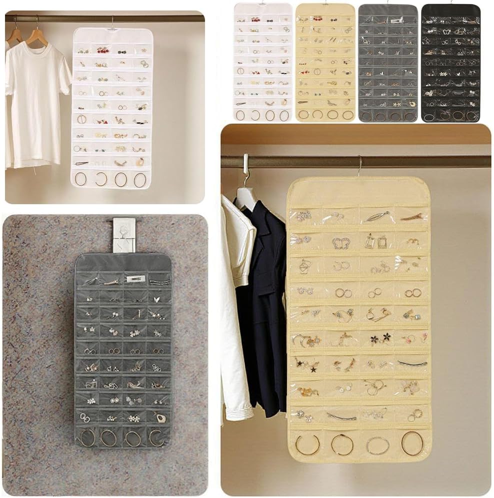 3PCS Hanging Jewelry Organizer with 80 Pocket Double-Sided Jewelry Holder Storage Wall Door Closet Accessories Organizer for Earrings, Necklaces, Rings (Grey)