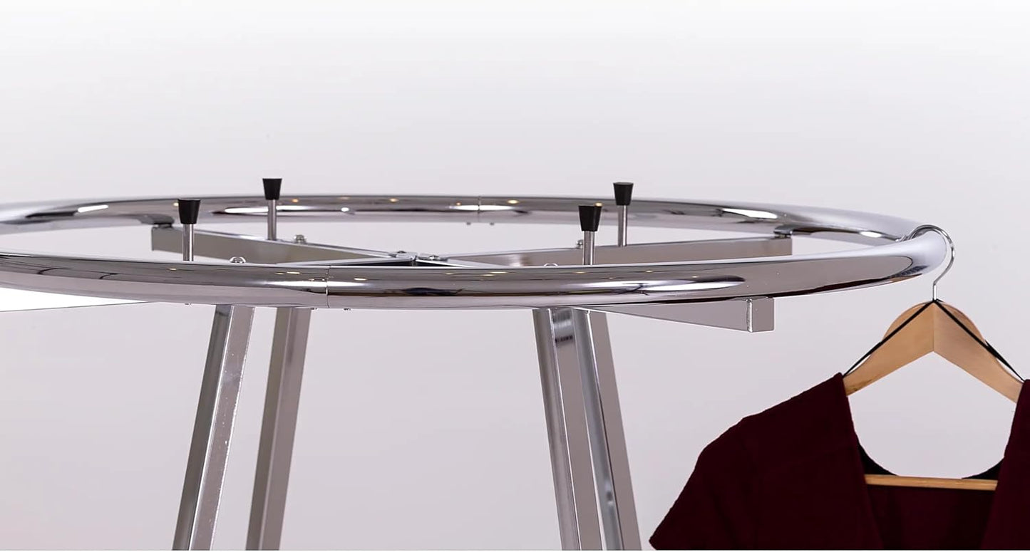 Econoco Folding Round Garment Rack, Adjustable Height Retail Display, Chrome Finish (36" Rack with Grid Top Basket)
